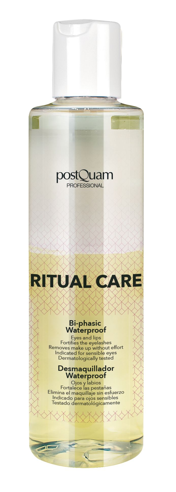 Transparante fles make-up remover. Productnaam en tekst op het etiket. Witte dop.