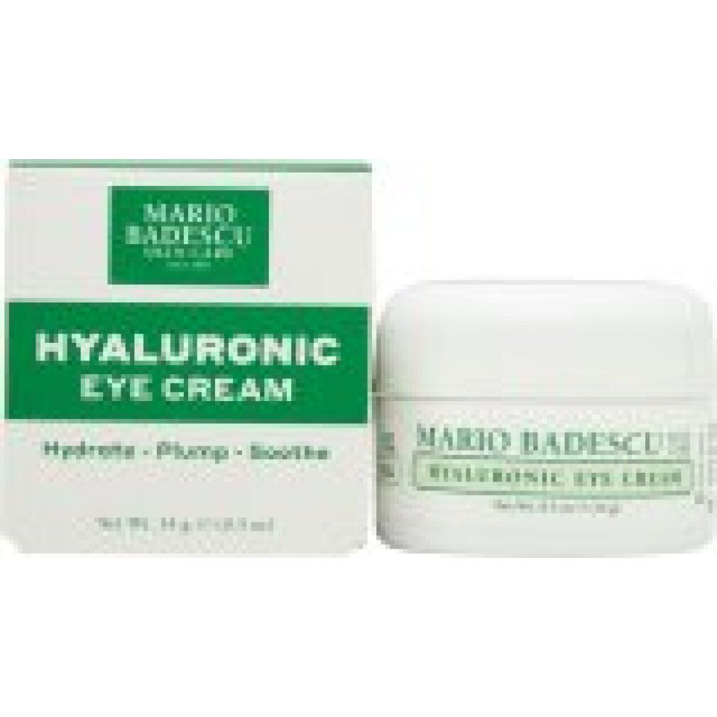 Crème contour des yeux Hyaluronique Mario Badescu dans un pot blanc et sa boîte.