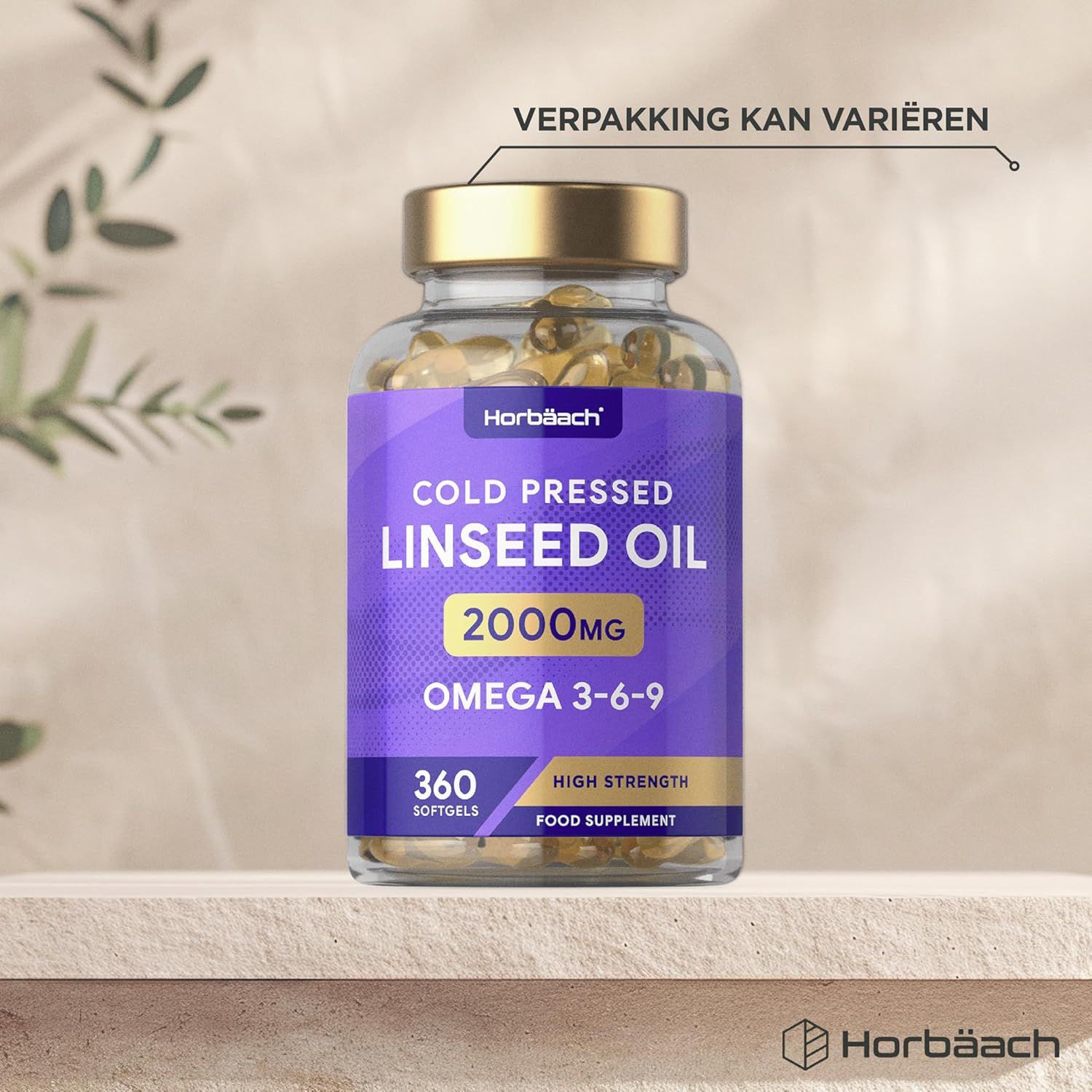 Fles met 360 softgels koudgeperste lijnolie, 2000mg, Omega 3-6-9. Horbäach. Voedingssupplement.