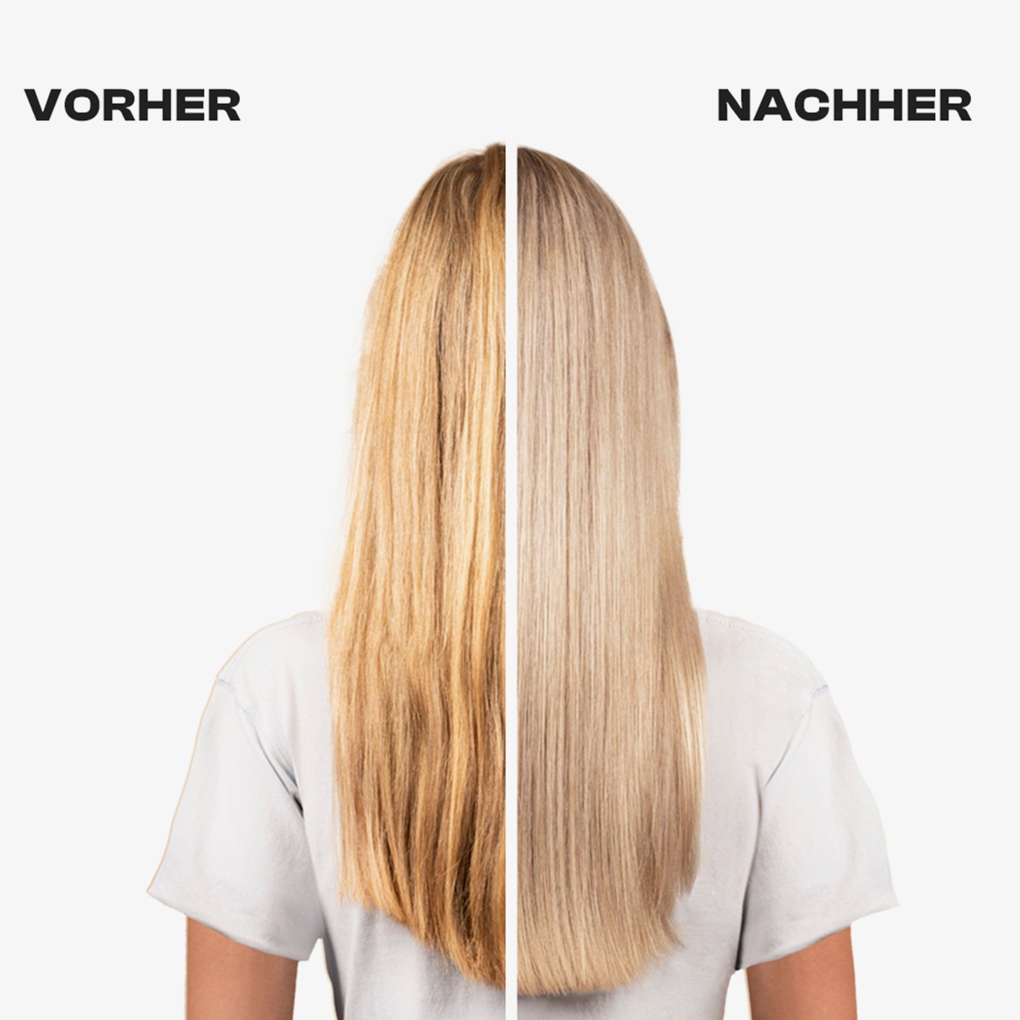 Vue des cheveux avant et après. Côté gauche: cheveux jaunâtres. Côté droit: cheveux blonds. Texte: AVANT, APRÈS.