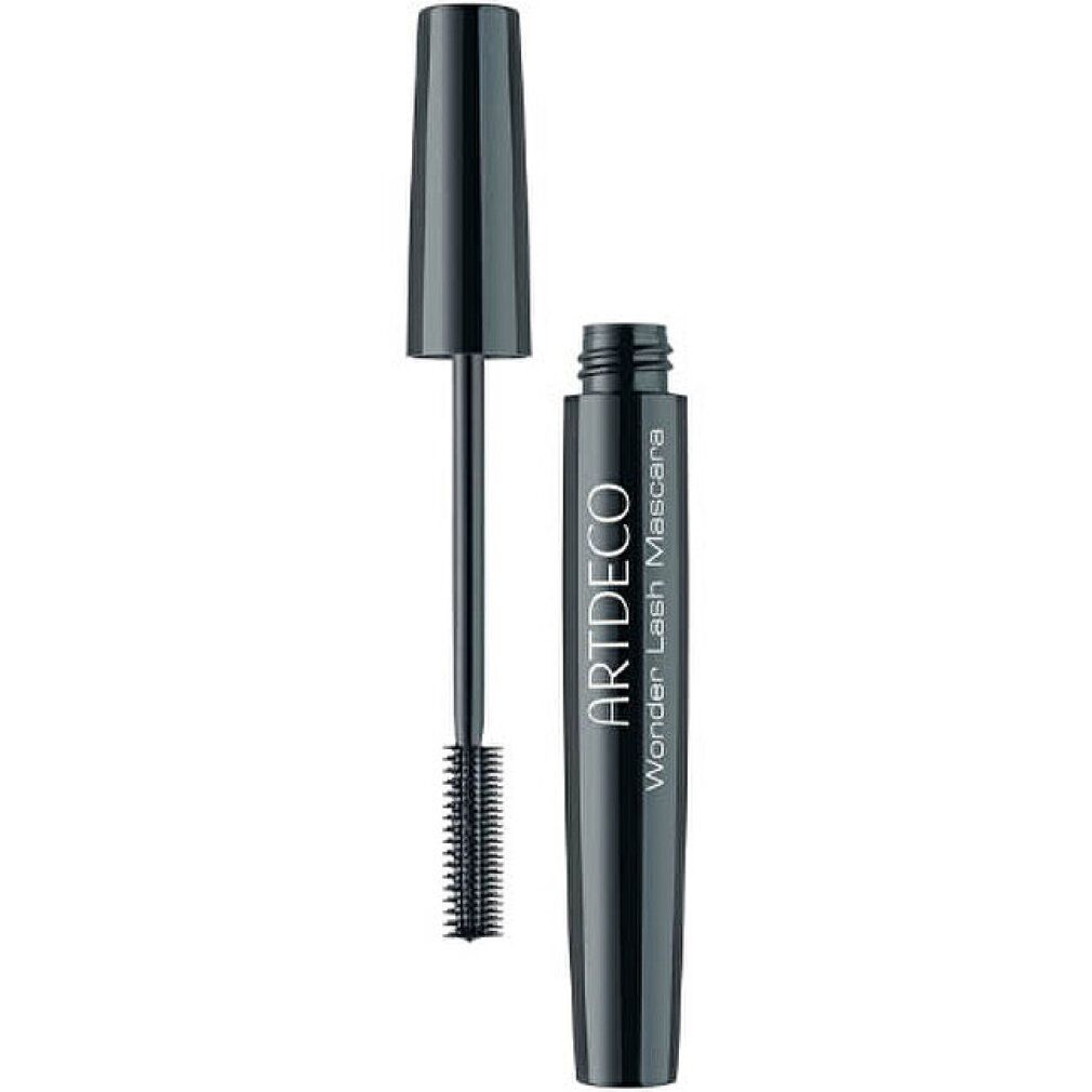 Brosse et contenant de mascara noirs. Le contenant porte l'inscription "ARTDECO Wonder Lash Mascara". Le capuchon est à côté.