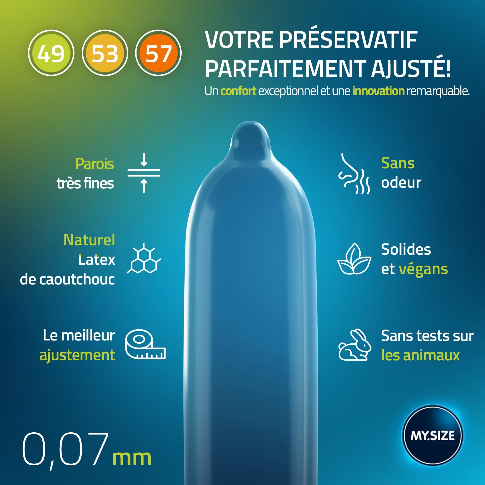 Smartphone montrant un guide des tailles pour préservatifs MY.SIZE. Tailles 47-69mm. Indication de l'app.