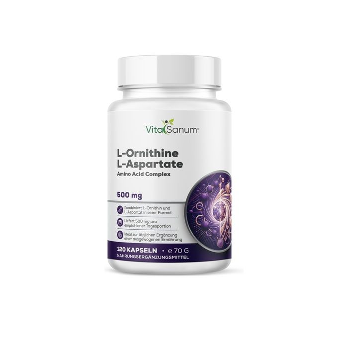 VitaSanum L-Ornithine L-Aspartaat capsules: 120 capsules, 500 mg per capsule, voedingssupplement.