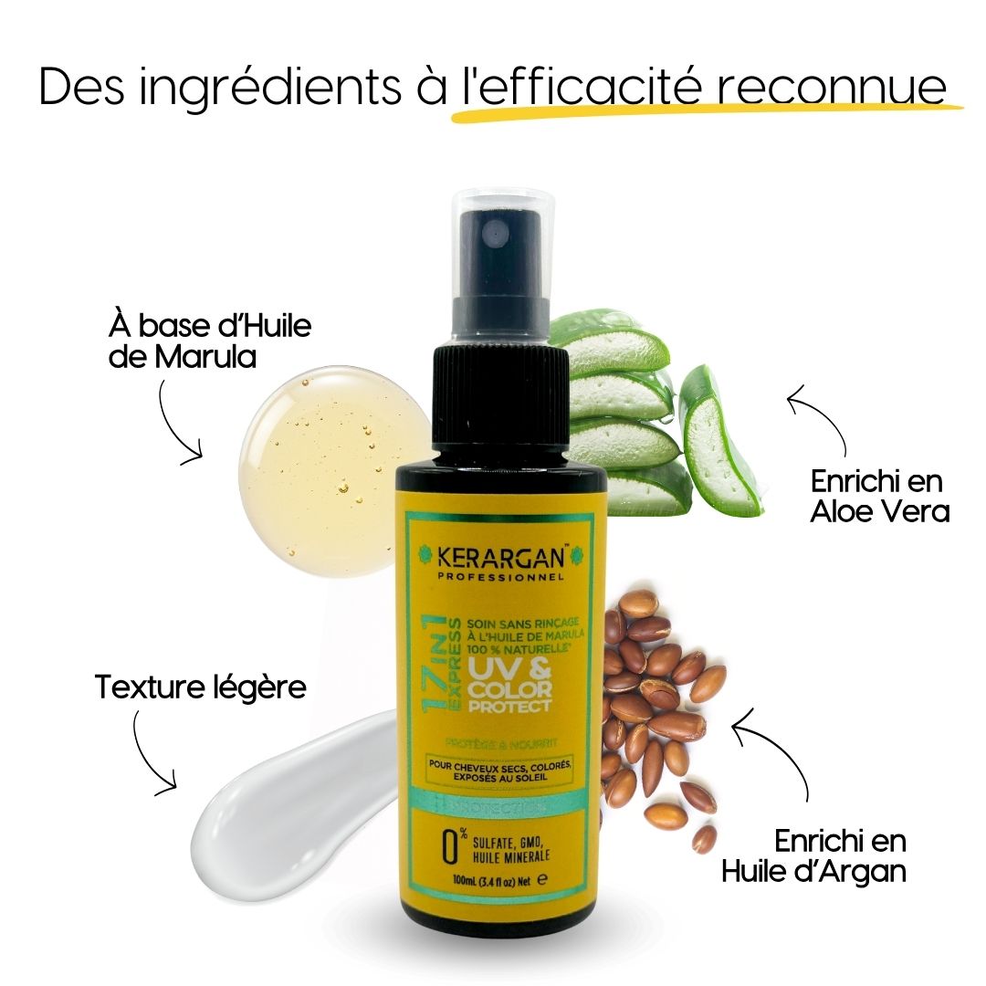Kerargan UV & Color Protect. Flacon avec vaporisateur. Ingrédients : Huile de Marula, Aloe Vera, Huile d'Argan. Texte.