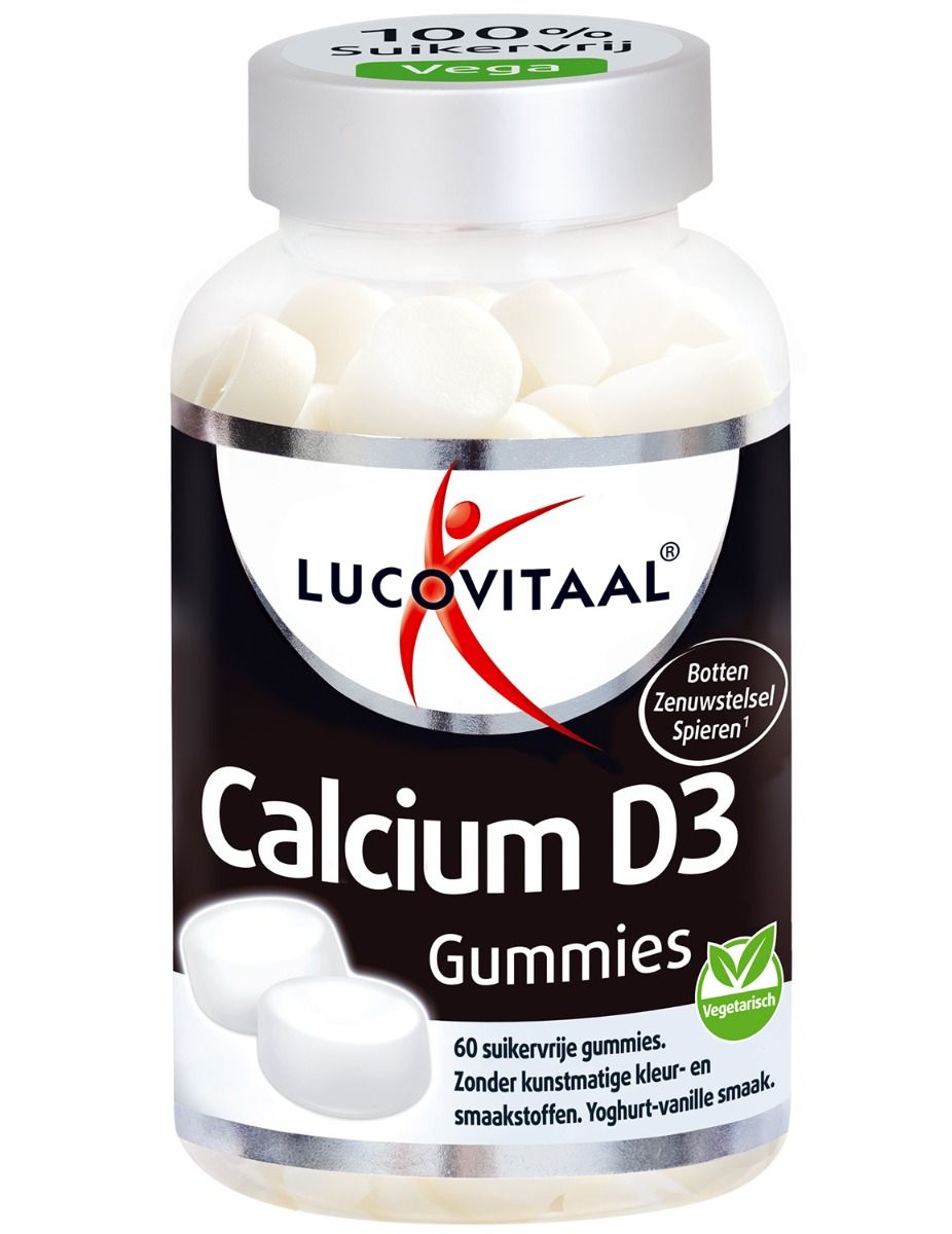 Lucovitaal Calcium D3 Gummies. Witte, ronde gummies in een fles. Opschrift: Calcium D3 Gummies, 60 suikervrije gummies.