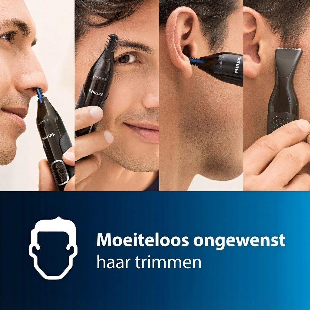 Een man gebruikt een zwarte neustrimmer met blauwe opzetstuk.