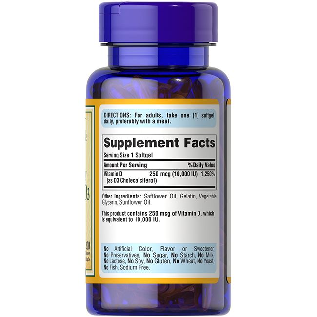 Dos d'un flacon bleu. Étiquette jaune avec informations nutritionnelles et ingrédients. Contient de la vitamine D.