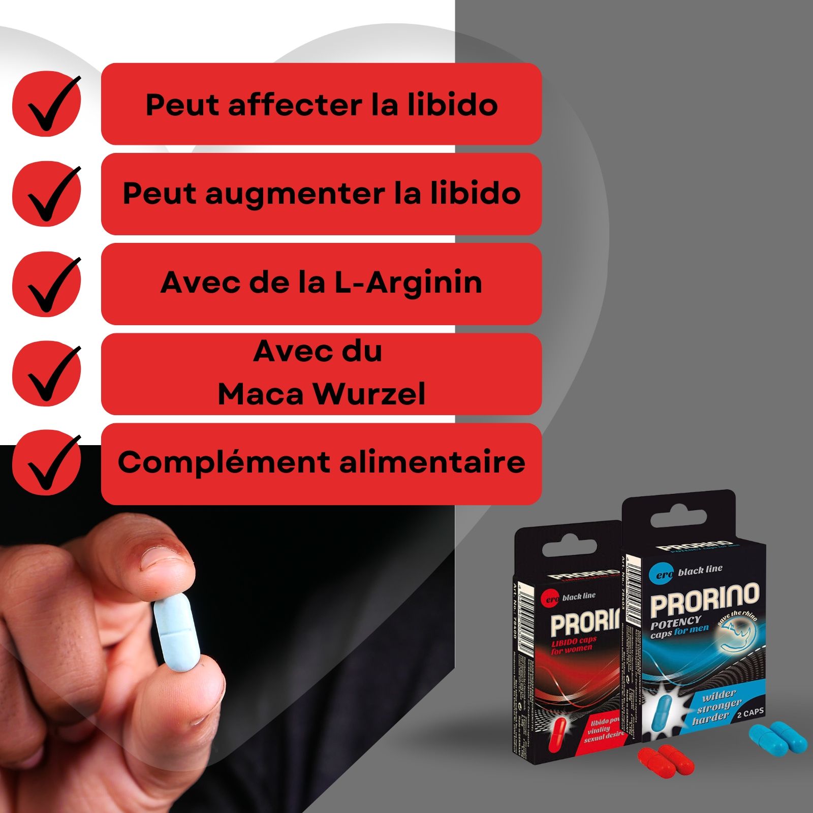 Deux boîtes de gélules. Inscription : Prorino, Potency caps for men, Libido caps for women. Épices et herbes.
