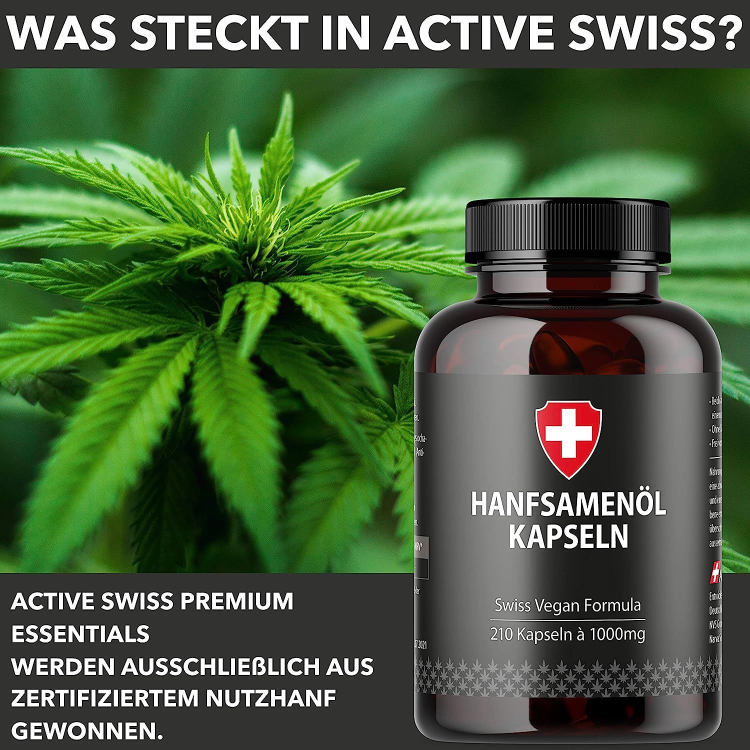 Bruine fles met zwarte dop. Opschrift: Hanfsamenöl Kapseln. Swiss Vegan Formula. 210 capsules à 1000mg. Zwitsers kruis. Achtergrond: hennepplant.