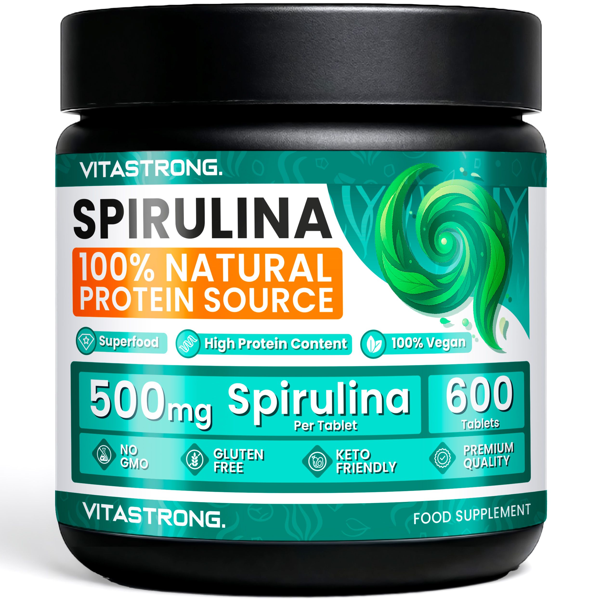 Pot Vitastrong Spirulina. 600 tabletten. 100% natuurlijke eiwitbron. 500mg per tablet. Glutenvrij, keto.