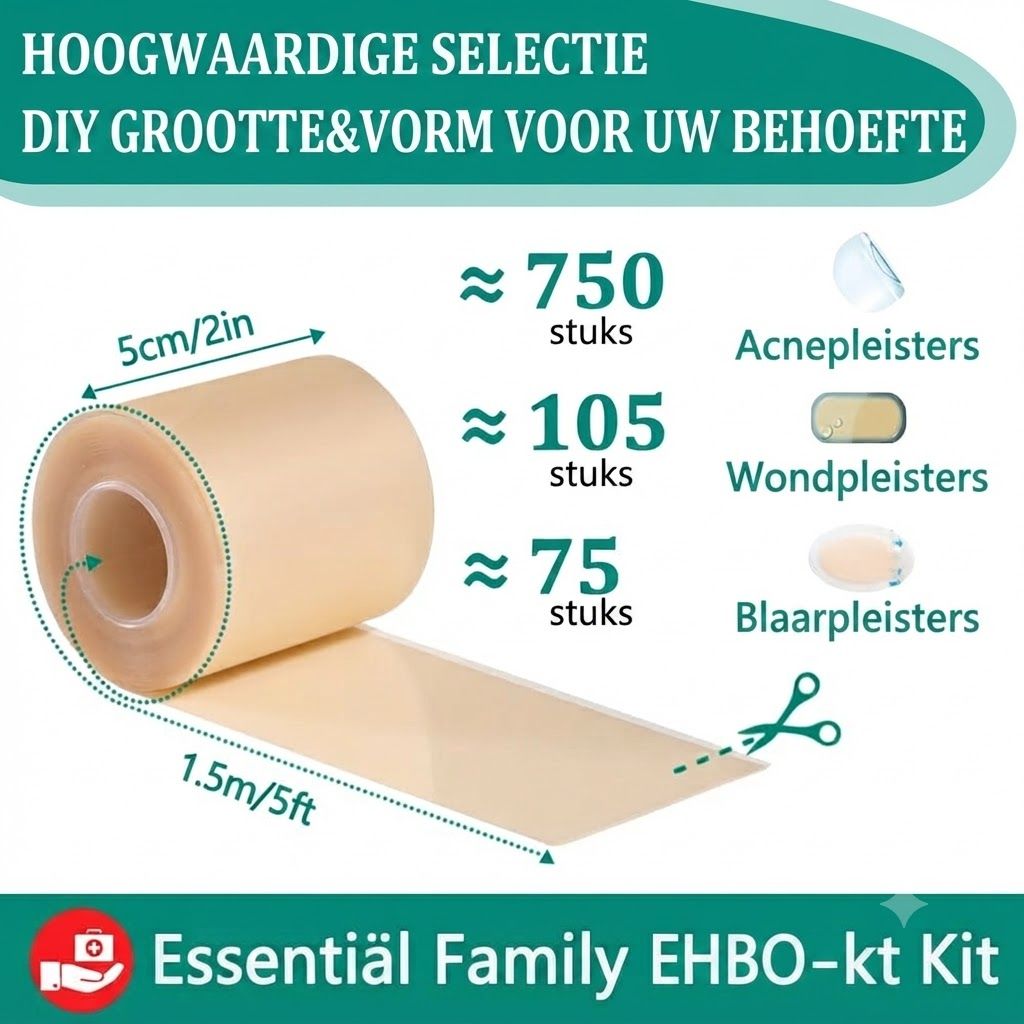 Een rol huidkleurig verband, 5 cm breed en 1,5 m lang, met schaar. Verschillende maten pleisters zijn afgebeeld.