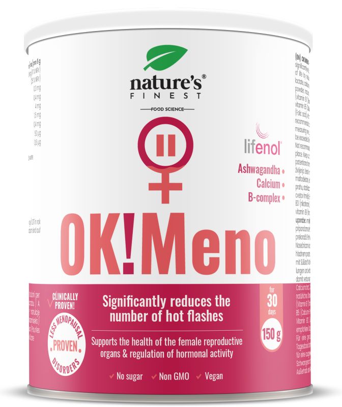 Potje voedingssupplement "OK!Meno". Bevat Ashwagandha, calcium, B-complex. Vegan, zonder suiker en GMO. 150g.