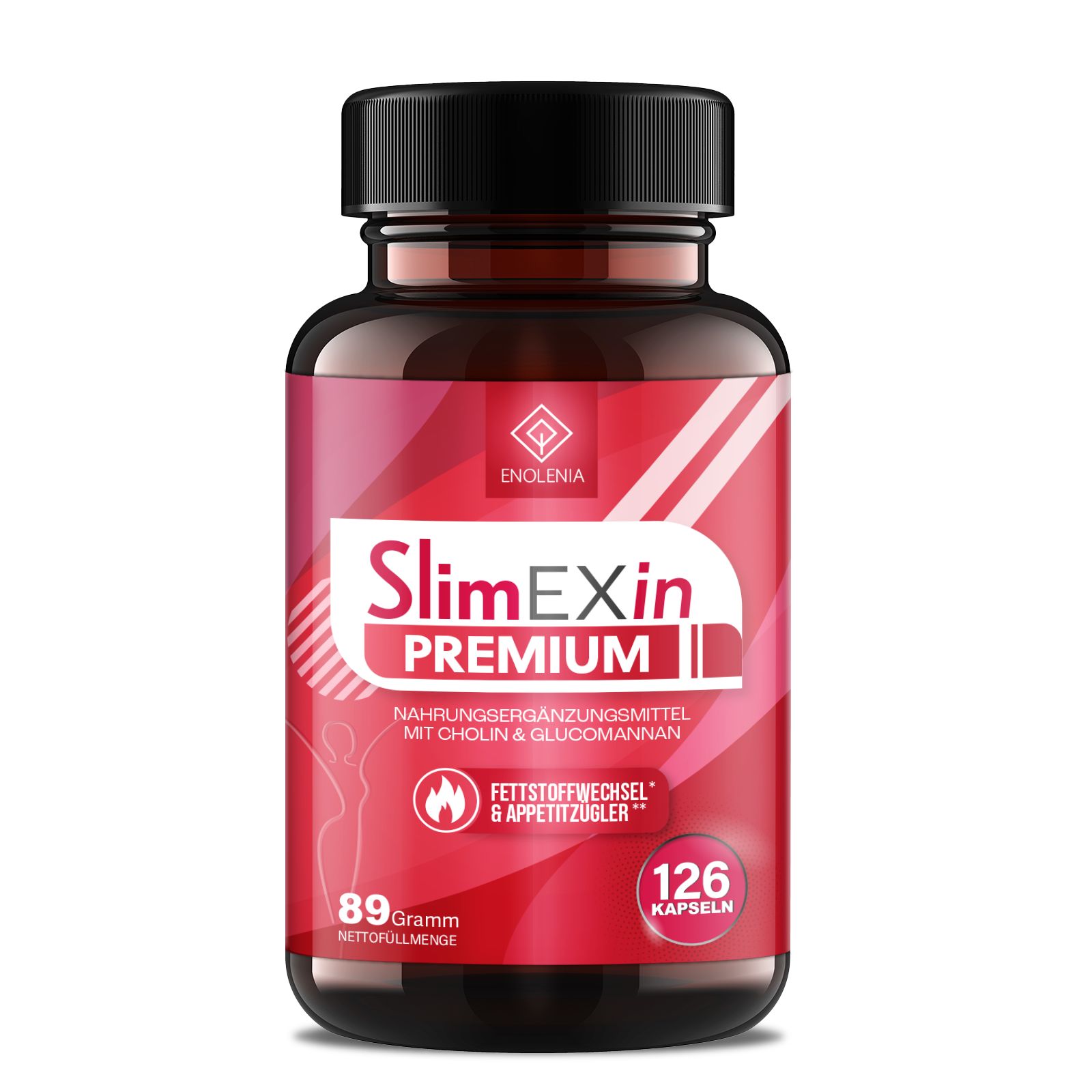 Flacon marron avec étiquette rouge. Inscription: SlimEXin Premium, 126 gélules. Contient de la choline et du glucomannane.
