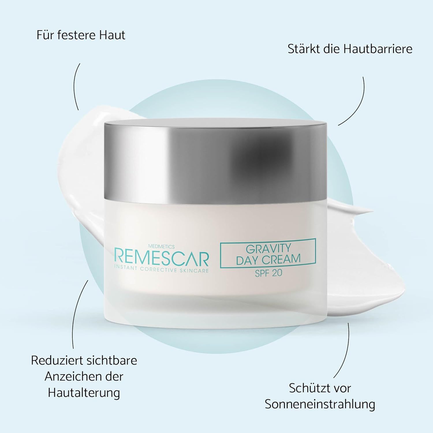 Pot de crème avec couvercle argenté. Inscription : Remescar, Gravity Day Cream SPF 20. Texte avec avantages.
