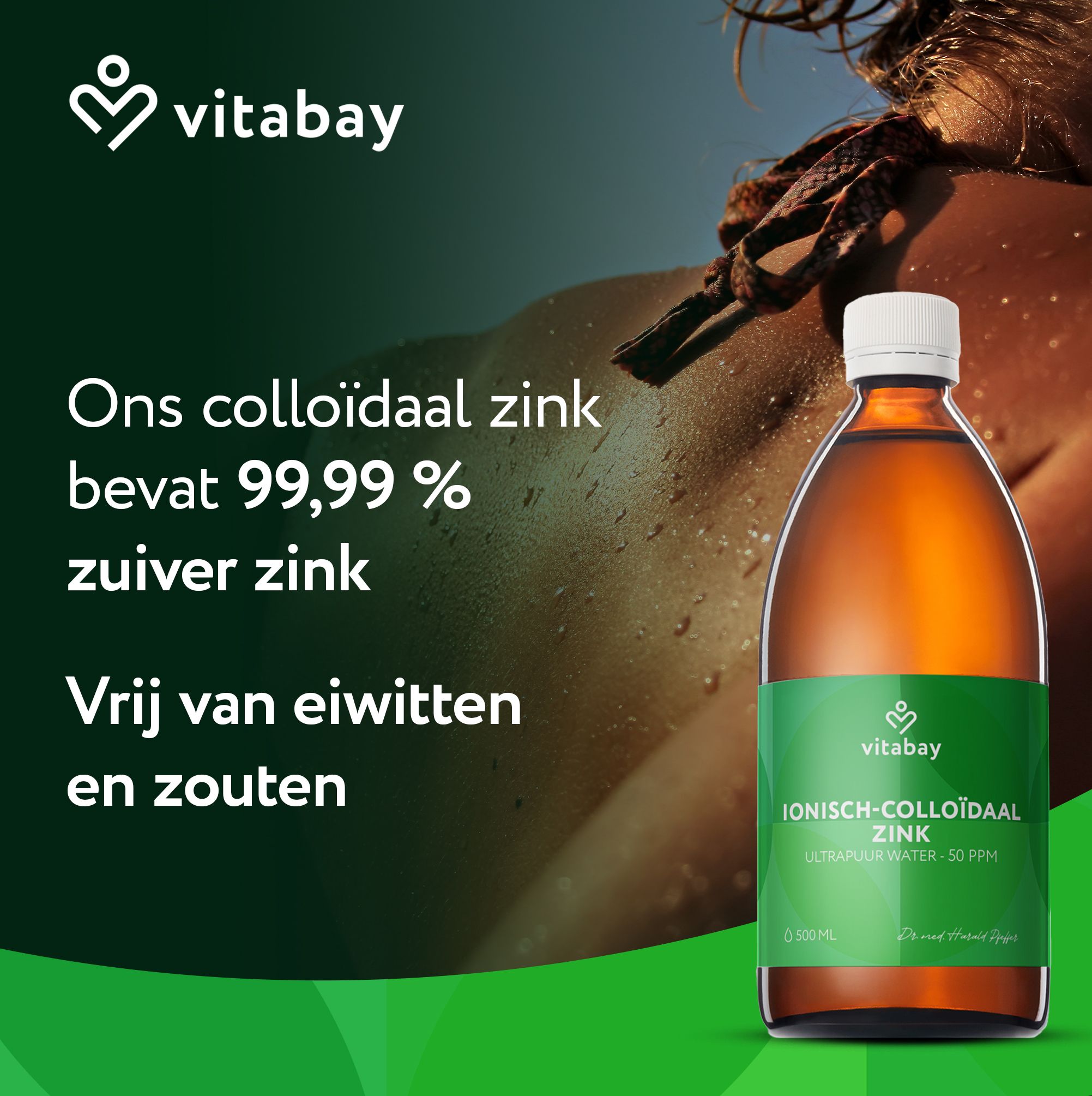 Fles Colloïdaal Zink naast een persoon. Tekst: "Ons colloïdaal zink bevat 99,99 % zuiver zink".