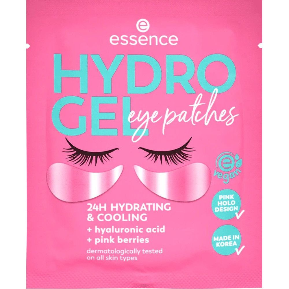 Roze verpakking met tekst 'essence HYDRO GEL eye patches'. Vegan logo. Oogillustratie.