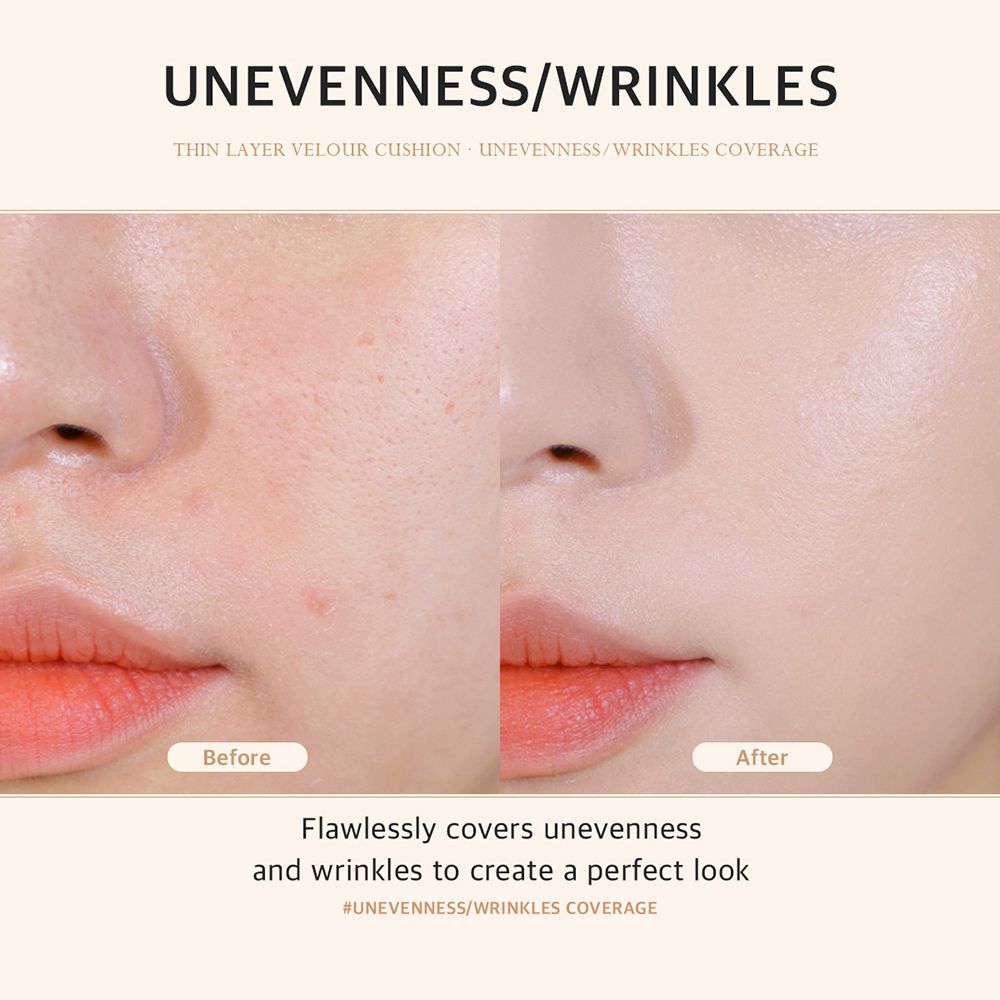 Comparaison avant-après du BLACK ROUGE Thin Layer Velour Cushion Foundation. Couvre les imperfections et les rides.