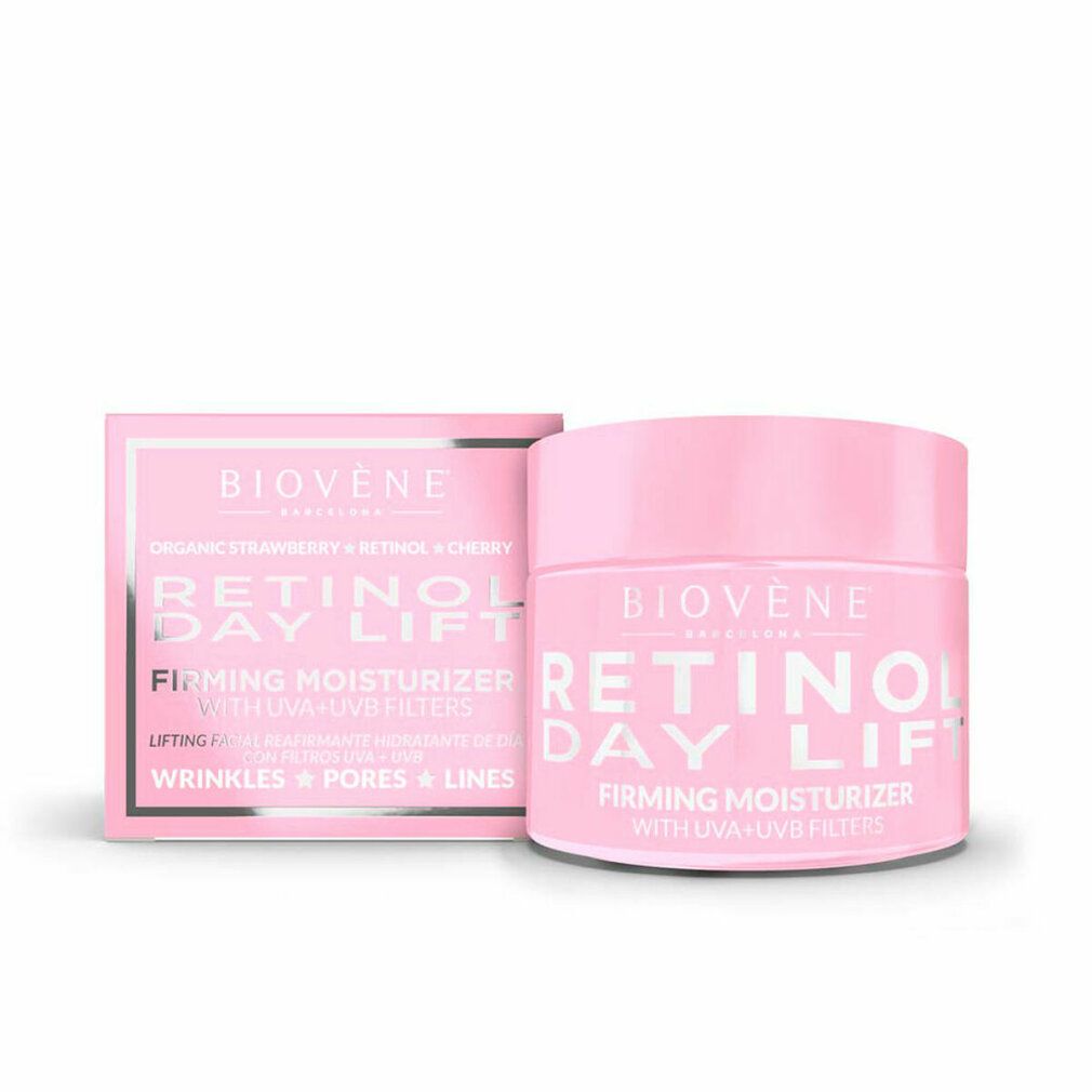 Pot et boîte roses avec texte et nom du produit. Inscription: Retinol Day Lift Firming Moisturizer. Marque: Biovene.