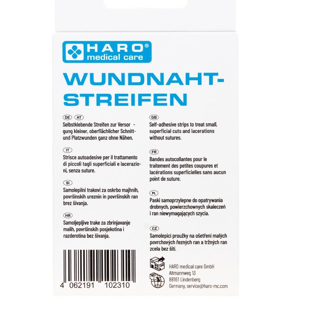 Achterkant verpakking Haro Wundnahtstreifen. Meertalige tekst. Medisch product. Barcode en adres.
