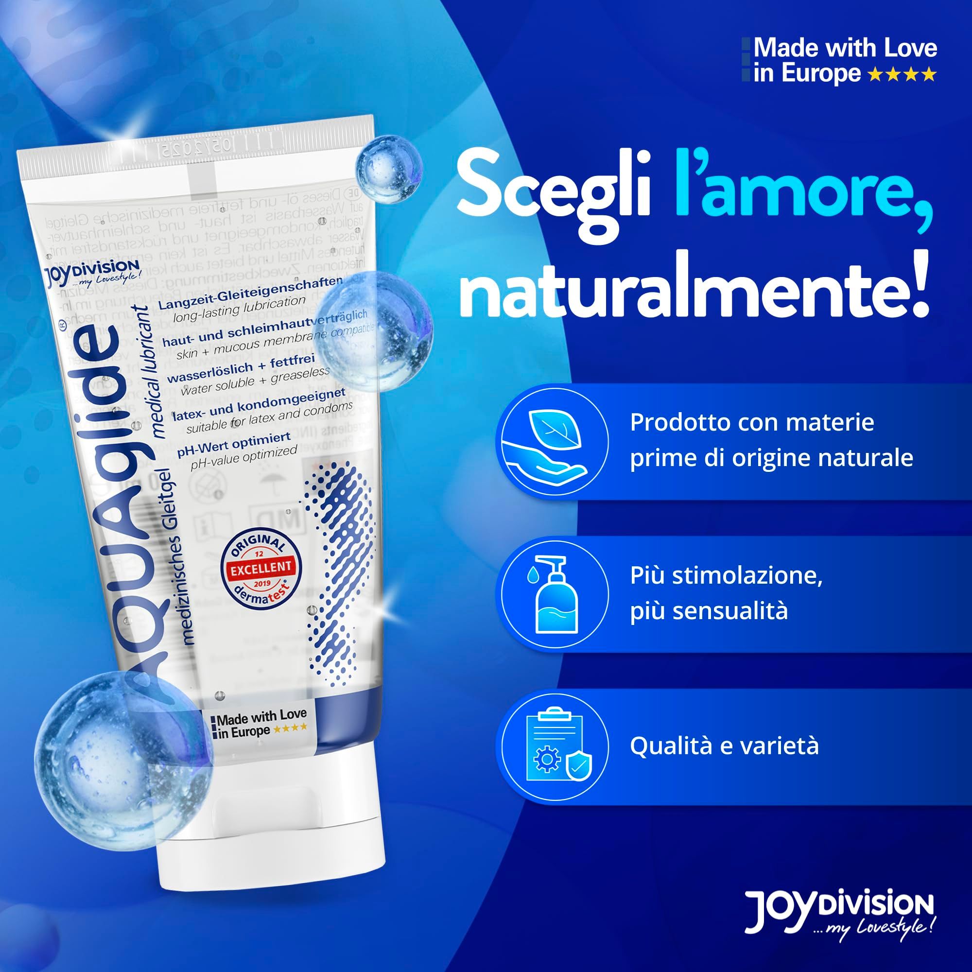 Aqua glide glijmiddel tube met iconen voor natuurlijke ingrediënten en kwaliteit.