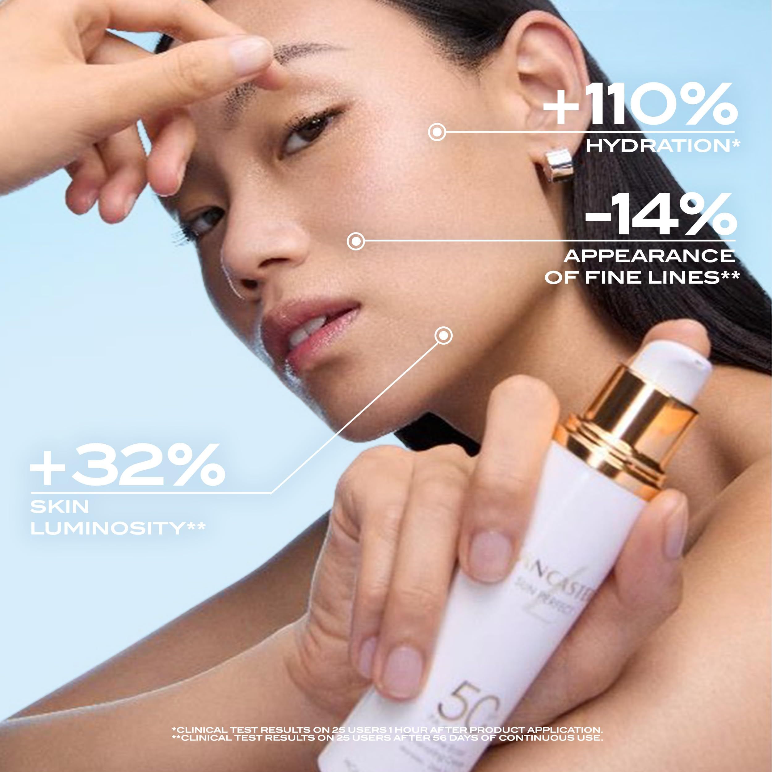 Vrouw met Lancaster Sun Perfect Illuminating Cream SPF50, toont huidverbeteringen.
