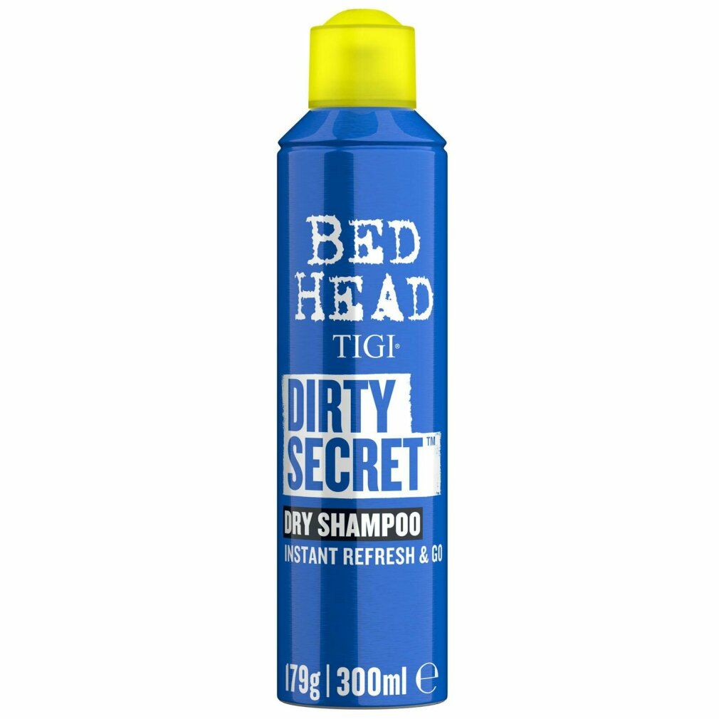 Blauwe spuitfles met gele dop. Bed Head Dirty Secret droogshampoo. Tekst op fles: Dry Shampoo, 179g/300ml.