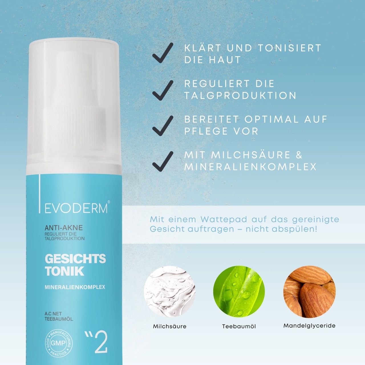 Blauwe toner met spraykop. Tekst: Gezichts Tonik, mineralencomplex. Ingrediënten: melkzuur, tea tree olie, amandelglyceriden.