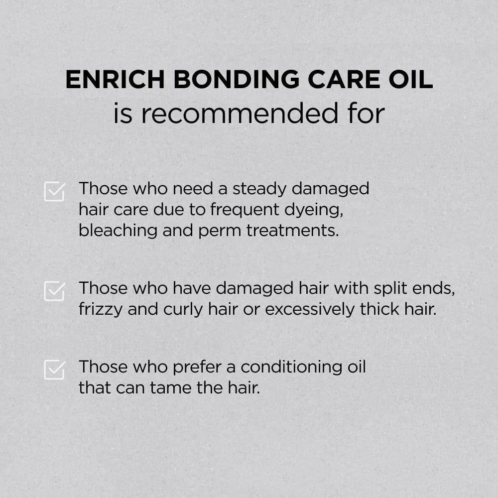 Tekst over aanbevelingen voor AYUNCHE Enrich Bonding Care Oil.