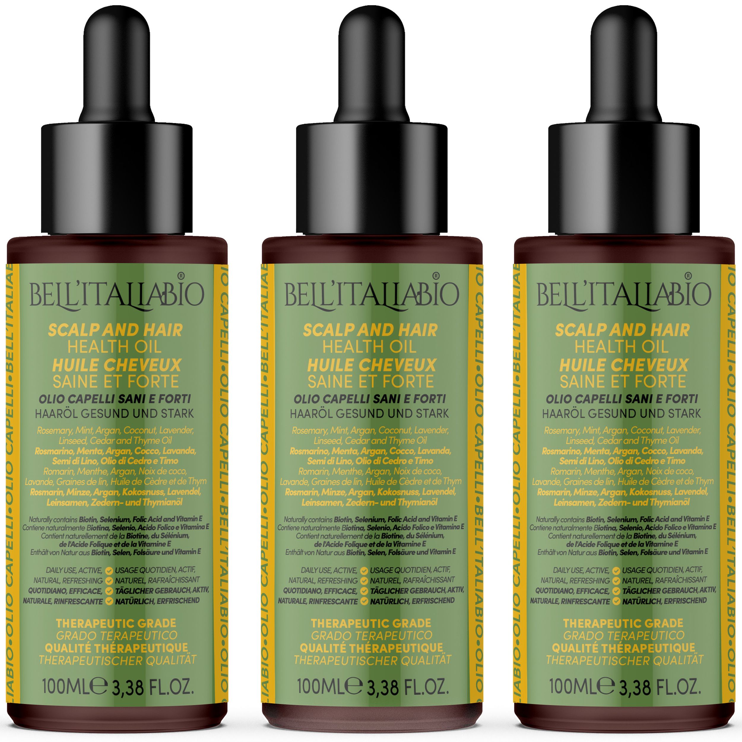Drie flessen Bell'Italiabio haarolie. Bruine glazen flessen met zwarte dop en pipet. Tekst: Scalp and Hair Health Oil.