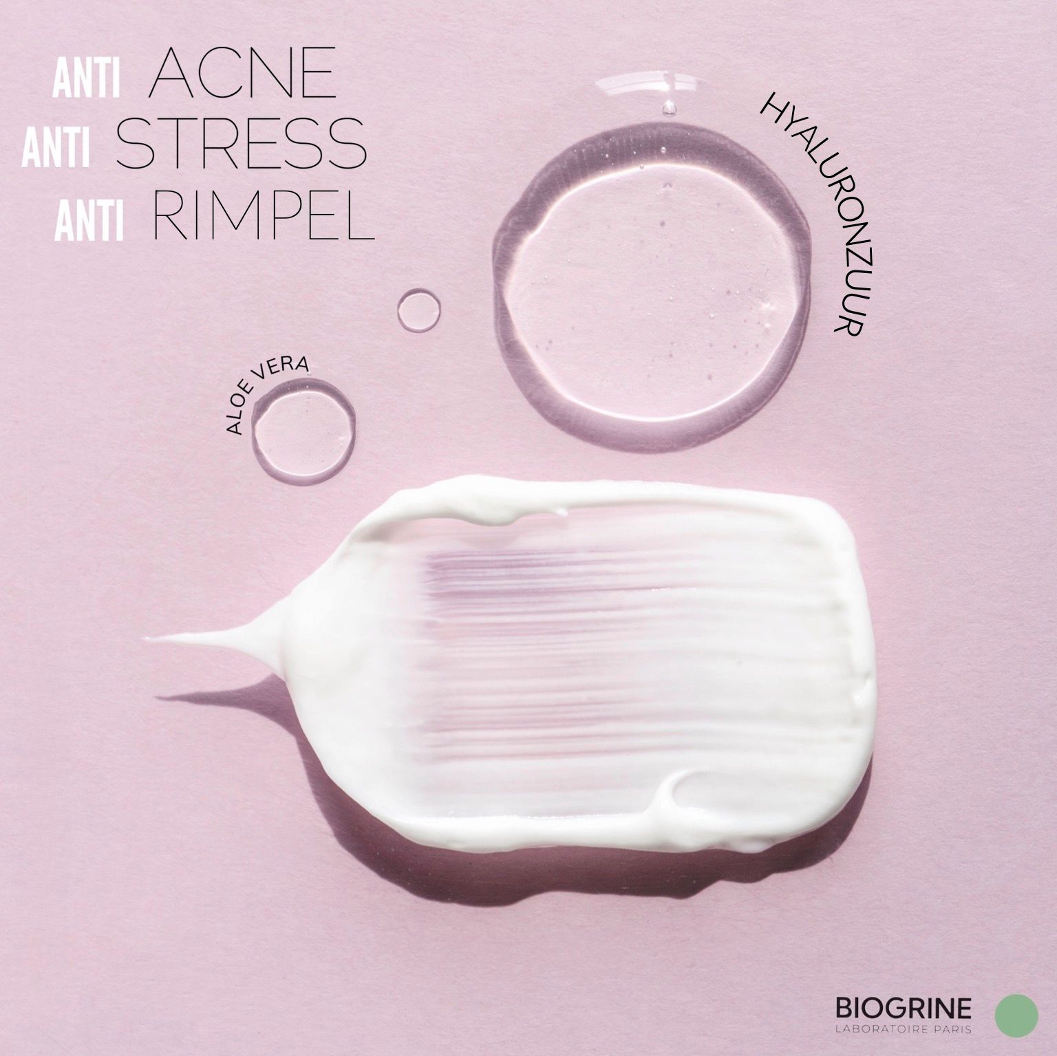 Tekst: „IRRESISTIBLE“ anti-aging crème met CBD. Vertraagt tekenen van veroudering. Voedt de huid. BIOGRINE.
