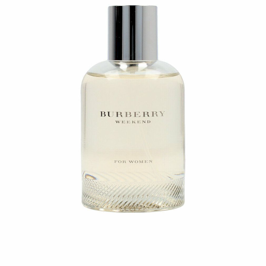 Glazen fles met zilveren dop. Opschrift: BURBERRY WEEKEND FOR WOMEN.