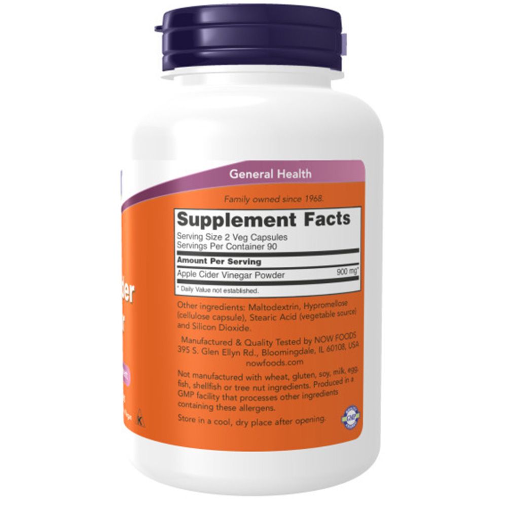 Flacon blanc, bouchon violet. Étiquette orange avec informations nutritionnelles. 'NOW' et 'Supplement Facts' visibles.