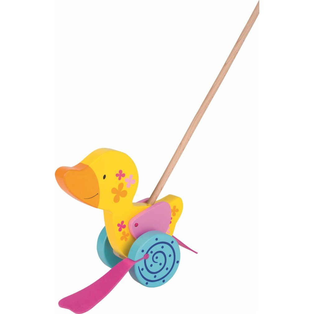 Gele eend met wielen en stok. Roze vleugels en propeller. Blauwe wielen met spiraalpatroon. Houten speelgoed.