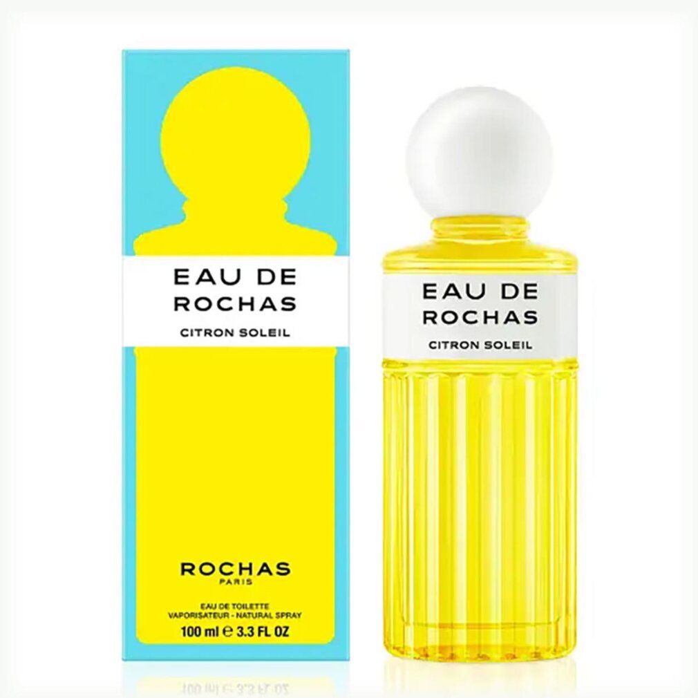 Geel Eau de Toilette flesje met witte dop en verpakking. Opschrift: Eau de Rochas Citron Soleil.