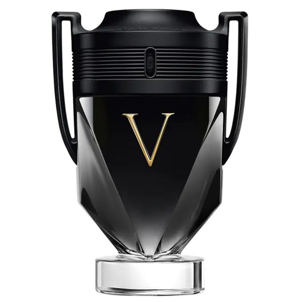 Flacon noir avec marquage "V" doré. Le flacon a un bouchon noir et une base transparente.