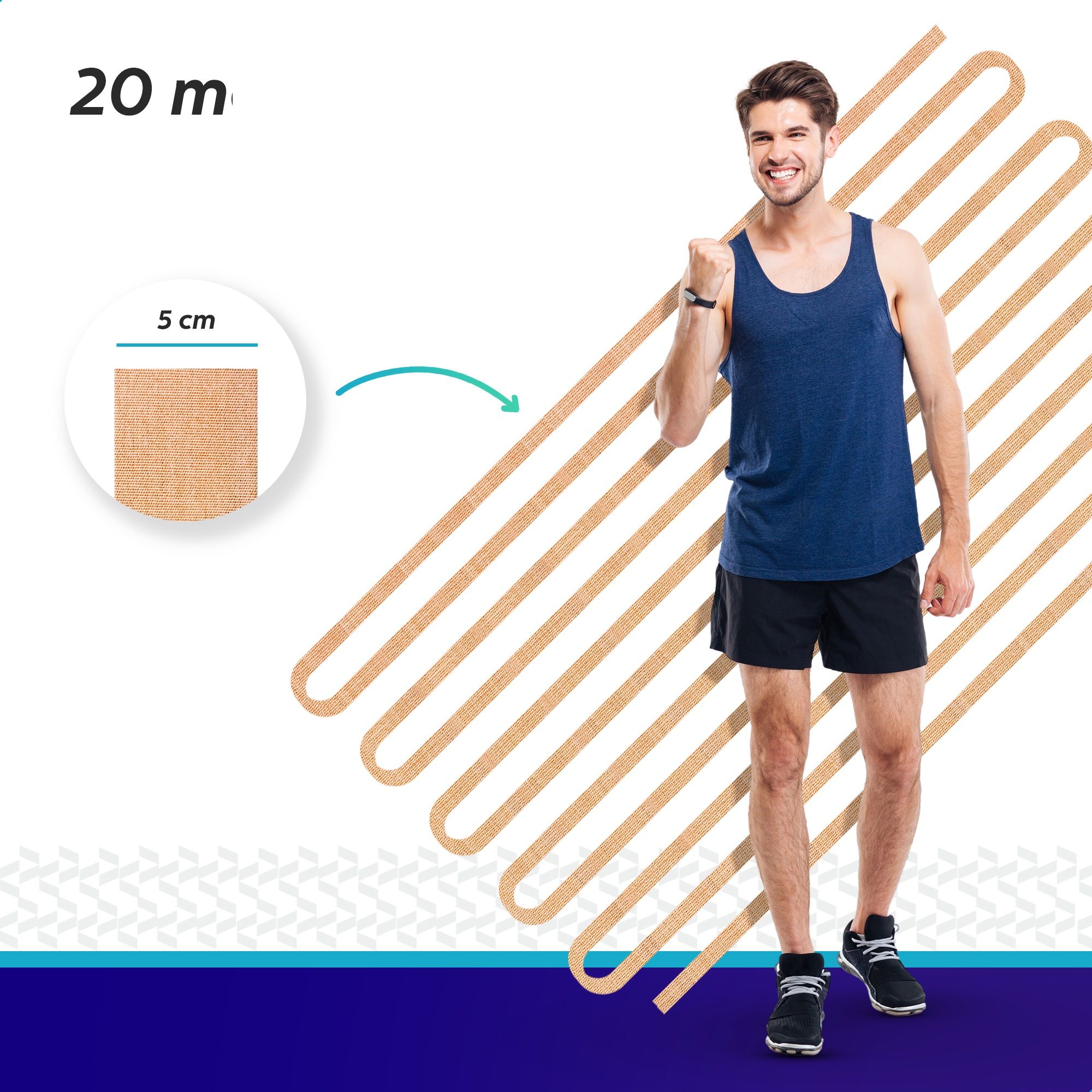 Man met kinesiotape-toepassing. Getoond: 5 cm brede tape. Tekst: 20 m. Tape in golfvorm gerangschikt.