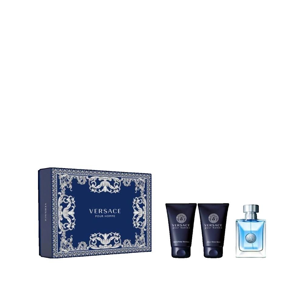 Blauwe geschenkset met doos, twee tubes en een flesje. Op de doos staat "Versace Pour Homme".
