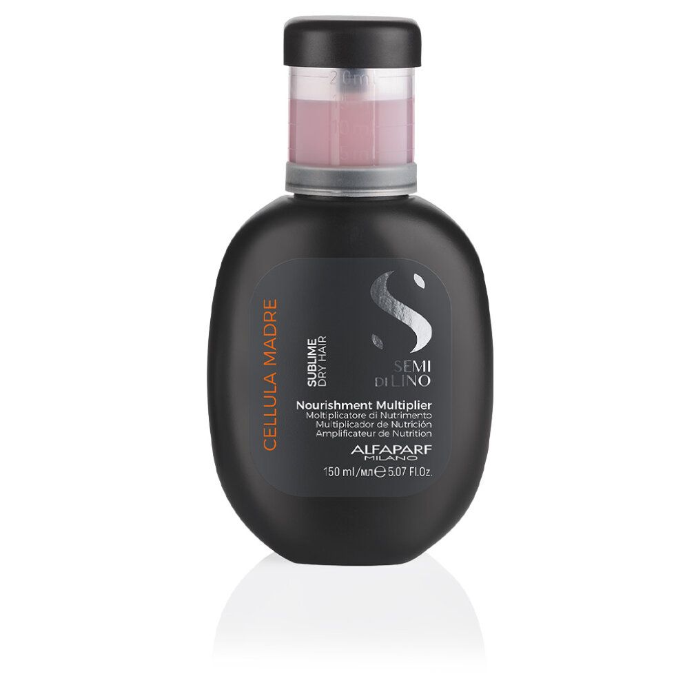 Zwarte fles met roze vloeistof. Opschrift: Semi Di Lino, Nourishment Multiplier, Alfaparf Milano. 50 ml.