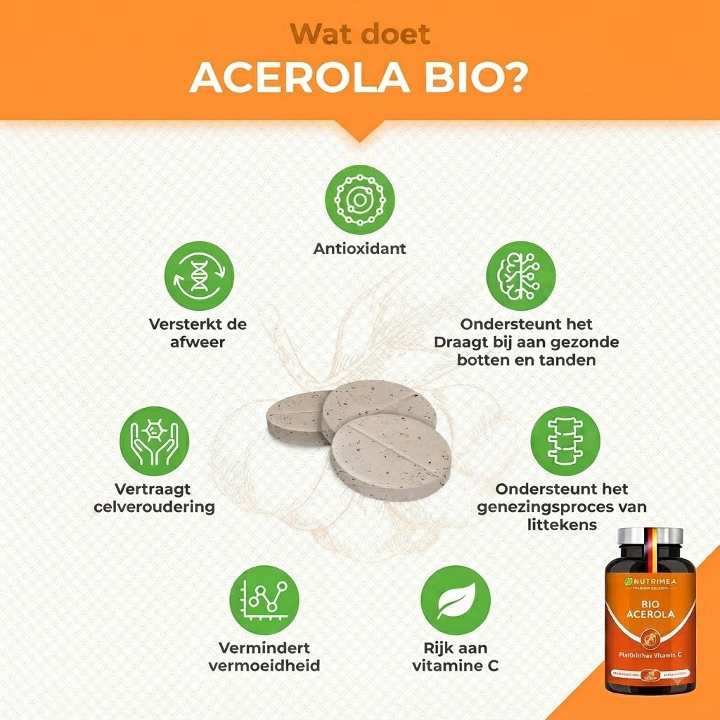Acerola BIO tabletten: Antioxidant, versterkt afweer, vertraagt celveroudering, vermindert vermoeidheid, ondersteunt botten, tanden en genezing.