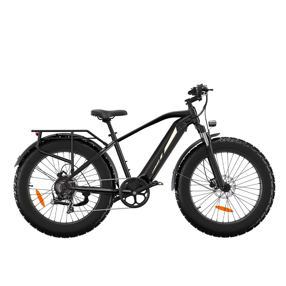 Vélo électrique de montagne noir avec pneus larges, porte-bagages et garde-boue. Vue latérale, détails.