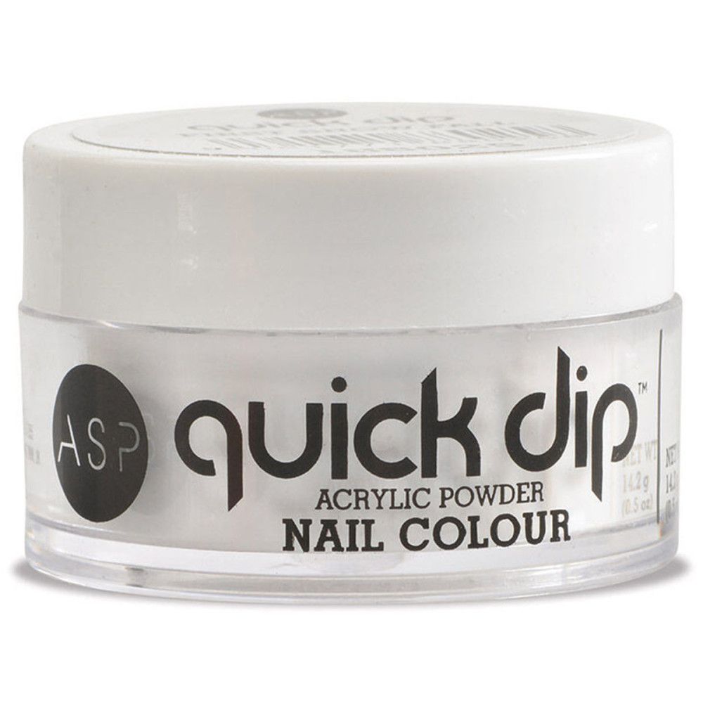 Pot blanc avec couvercle. Inscription 'quick dip' et 'ACRYLIC POWDER NAIL COLOUR'.