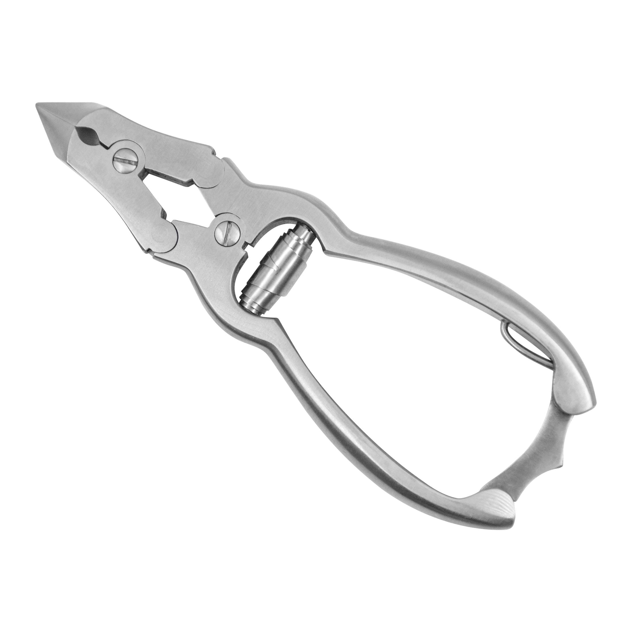 Roestvrijstalen nagelknipper. Ergonomische handgrepen, gebogen snijkant. Scharnier met schroeven bevestigd.