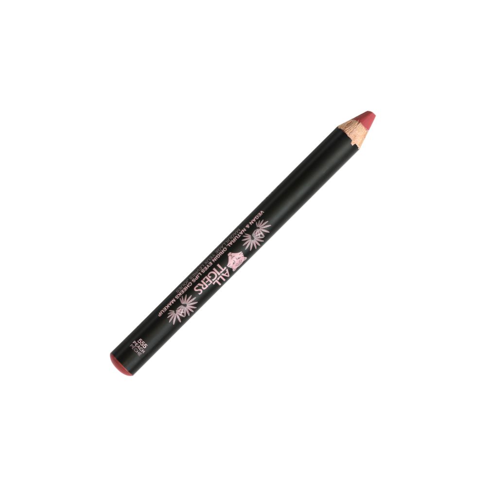 Zwarte cosmetische potlood met rode punt. Opschrift: ALL TIGERS. Vegan & Natural. Ogen, wangen, lippen.