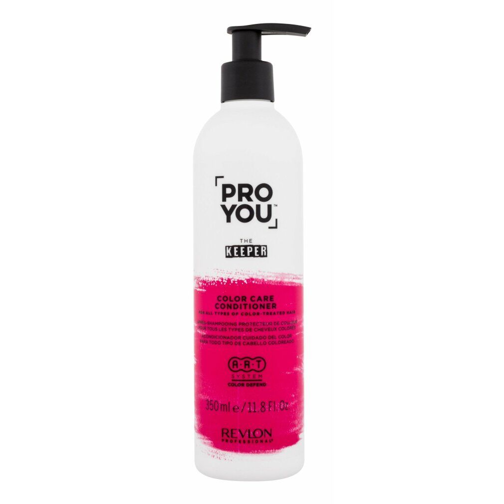 Flacon blanc avec pompe noire. Étiquette rose avec texte: PRO YOU, THE KEEPER, COLOR CARE CONDITIONER. Marque: Revlon.