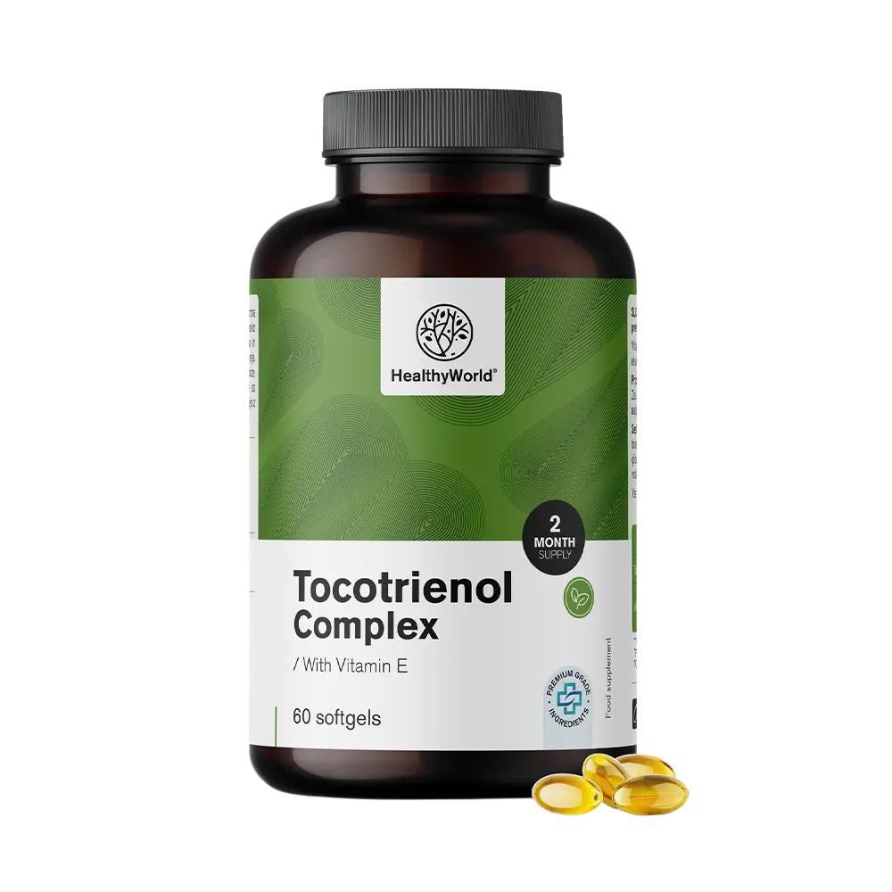 Flacon brun avec étiquette verte. Inscription: HealthyWorld, Tocotriénol Complex, 60 gélules. Gélules jaunes à côté.