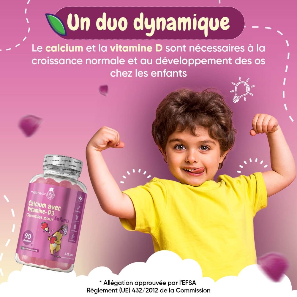 Enfant avec flacon de gommes. Texte : Un duo dynamique. Calcium et vitamine D.