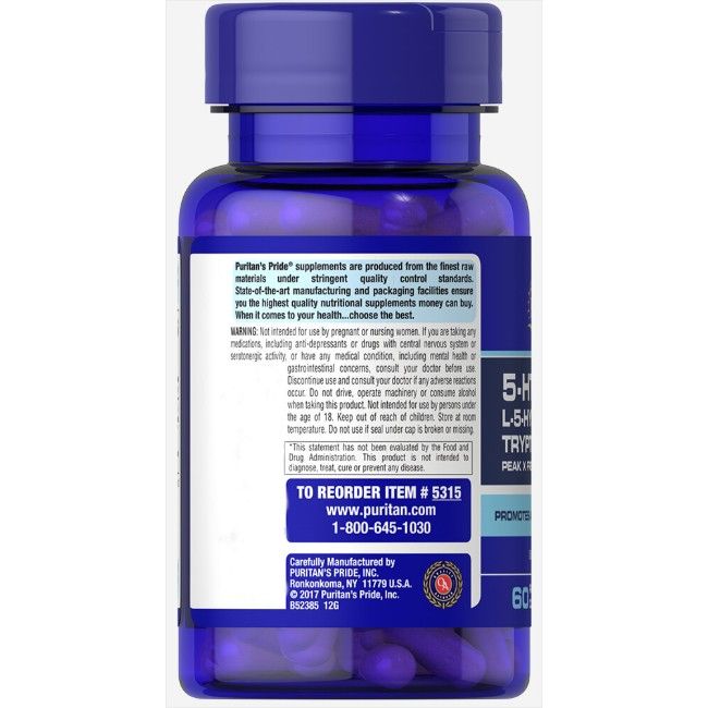 Arrière d'une bouteille Puritan's Pride 5-HTP L-5-Hydroxytryptophan 200mg avec informations posologiques.