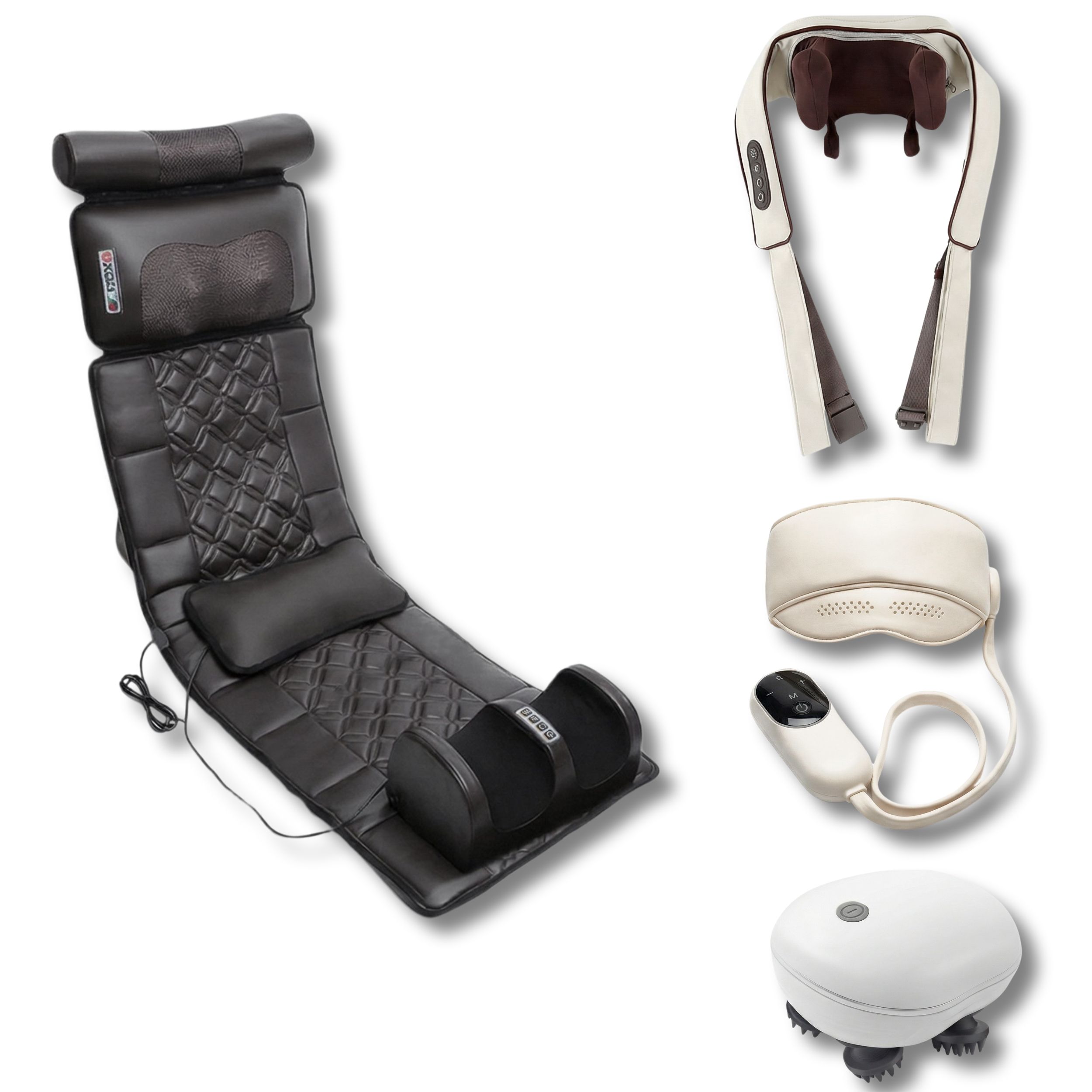 Tapis de massage, masseur Shiatsu, masque pour les yeux et masseur corporel. Noir et blanc. Différentes formes et tailles.