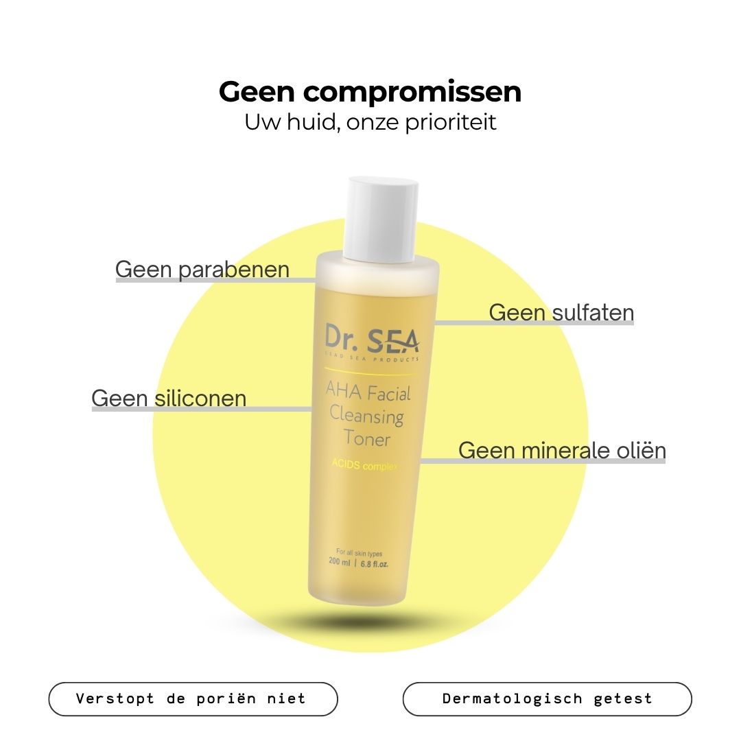 Dr. SEA AHA Facial Cleansing Toner. Fles met gele vloeistof. Tekst: AHA Facial Cleansing Toner. Ijsblokjes op de achtergrond.