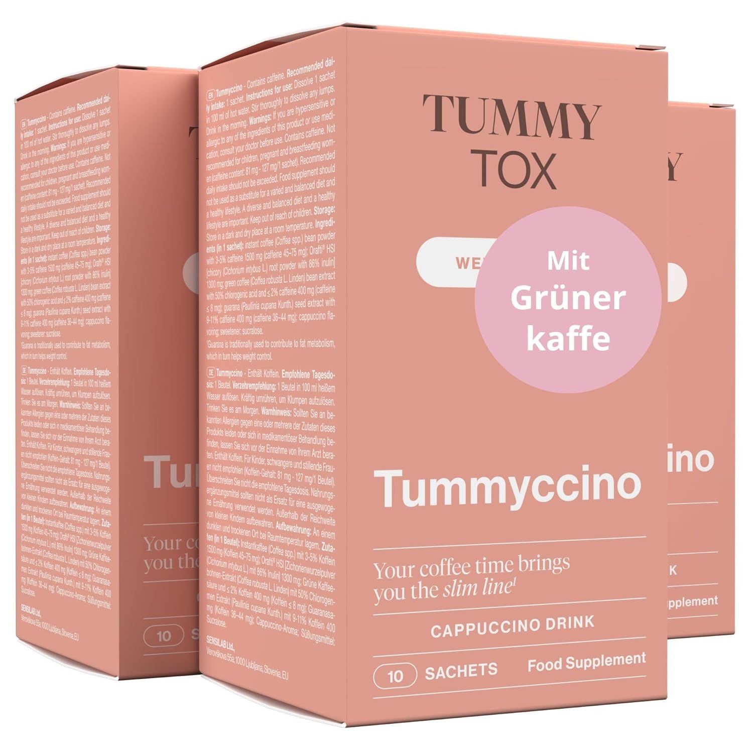 Trois emballages de produits. Texte: Tummyccino, Cappuccino Drink, 10 sachets, avec du café vert.